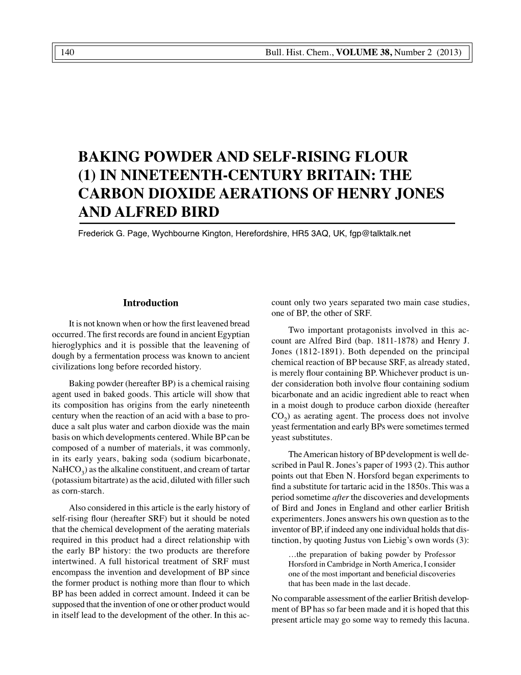 Baking Powder and Self-Rising Flour (1) in Nineteenth-Century Britain: the Carbon Dioxide Aerations of Henry Jones and Alfred Bird