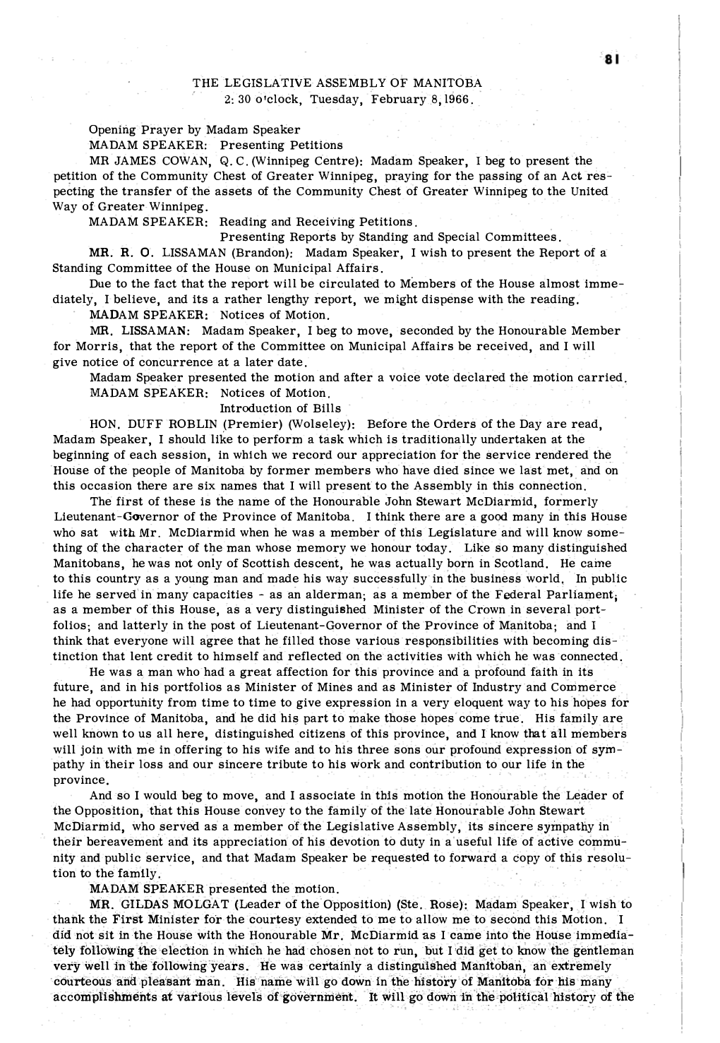 THE LEGISLATIVE ASSEMBLY of MANITOBA 2: 30 O'clock, Tuesday, February .8,1966