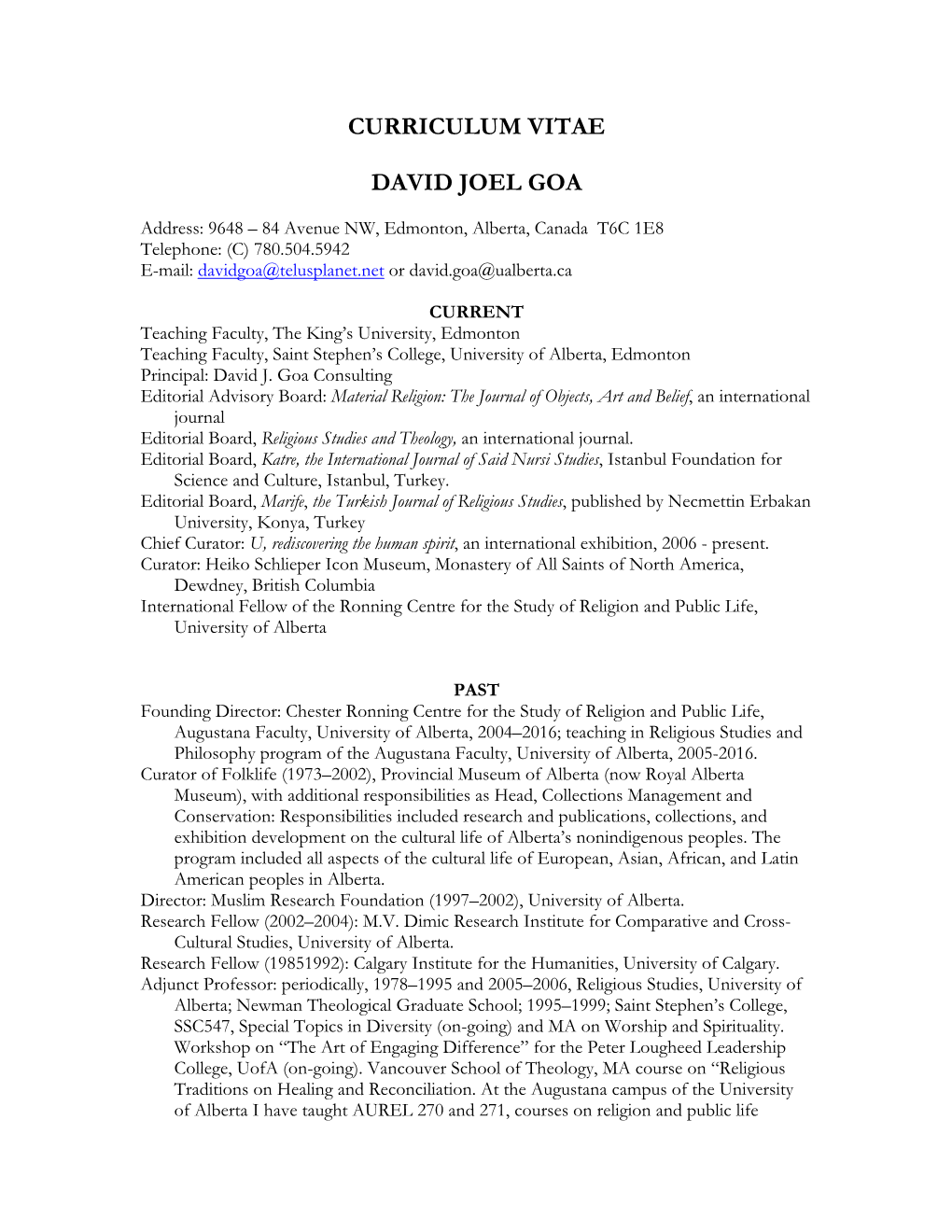 Curriculum Vitae David Joel