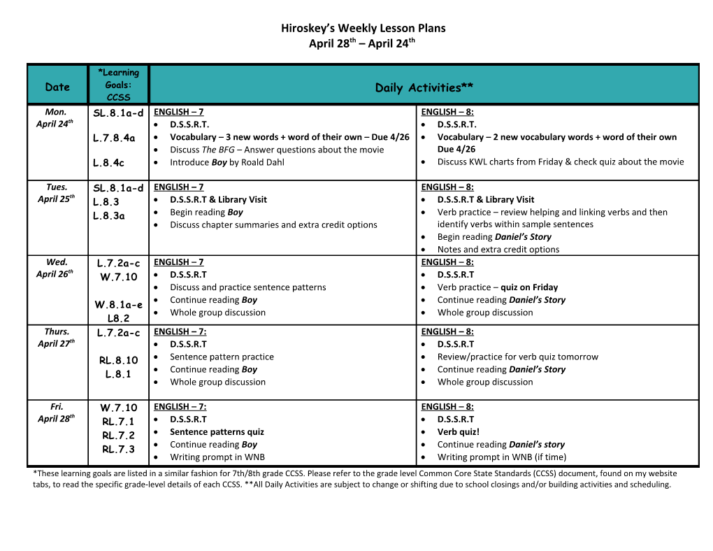 Hiroskey S Weekly Lesson Plans