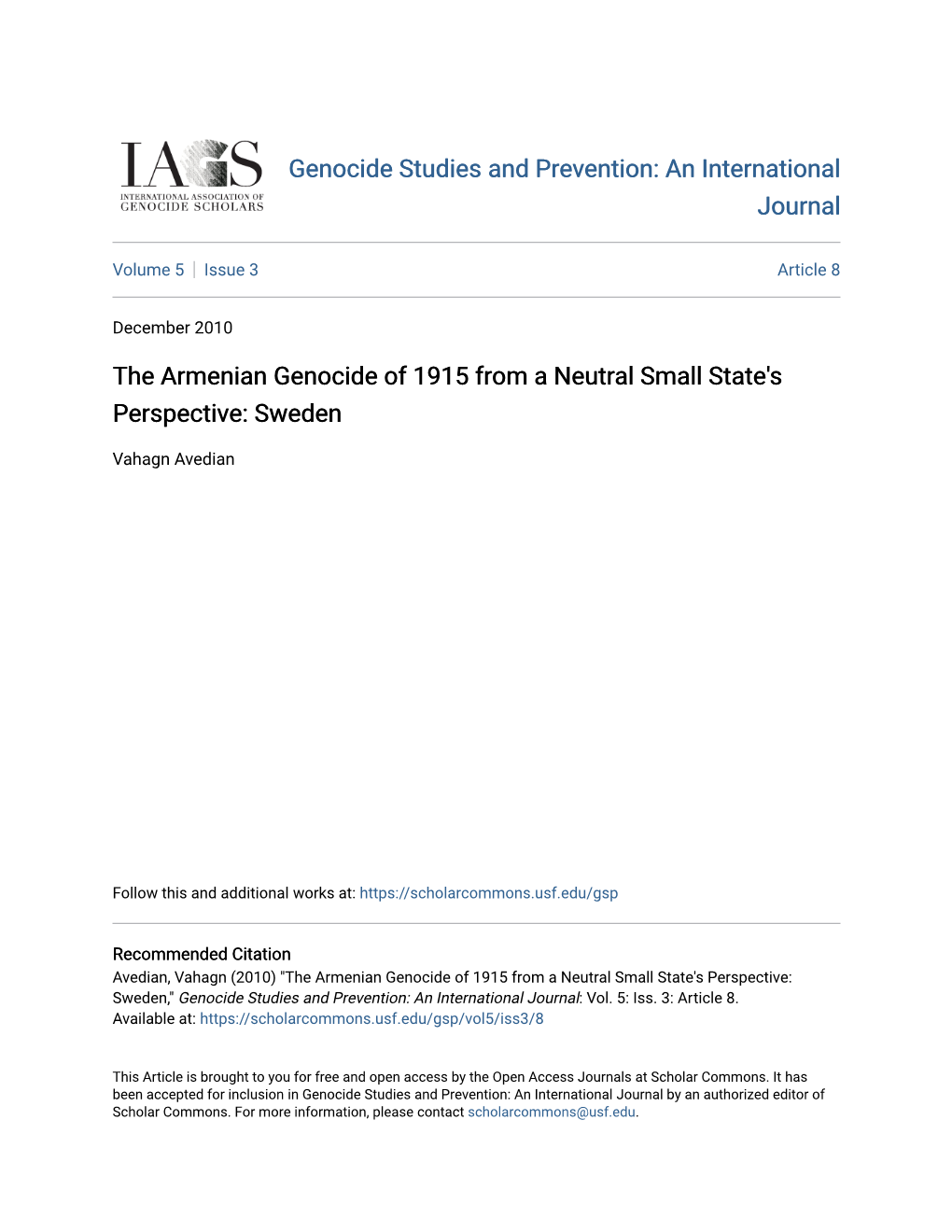 The Armenian Genocide of 1915 from a Neutral Small State's Perspective: Sweden