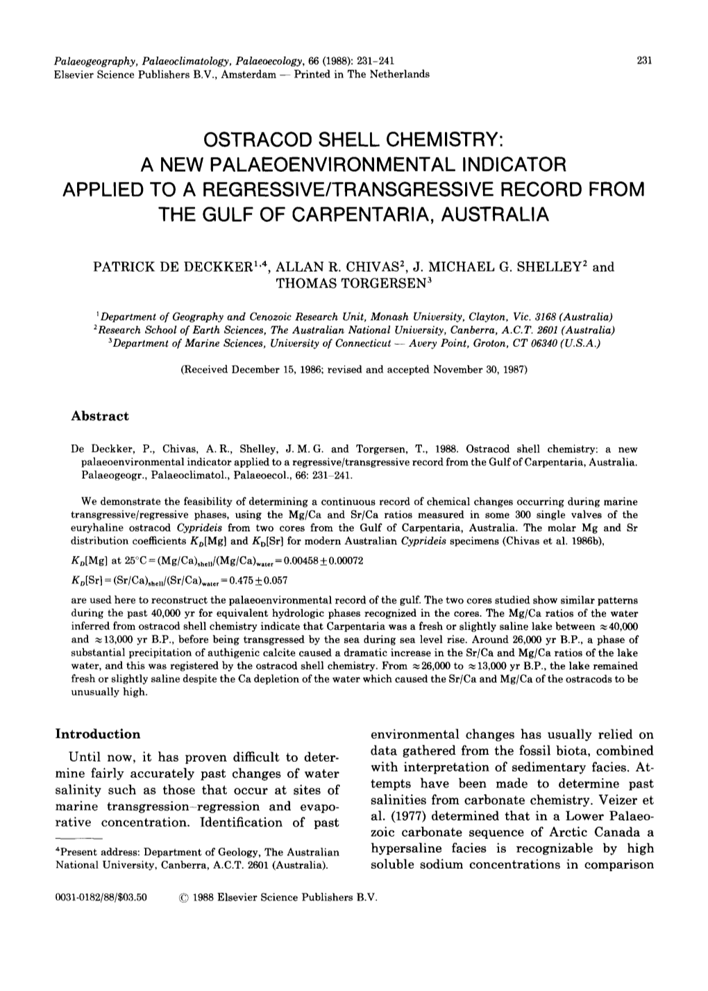 Ostracod Shell Chemistry: a New Palaeoenvironmental Indicator Applied to a Regressive/Transgressive Record from the Gulf of Carpentaria, Australia