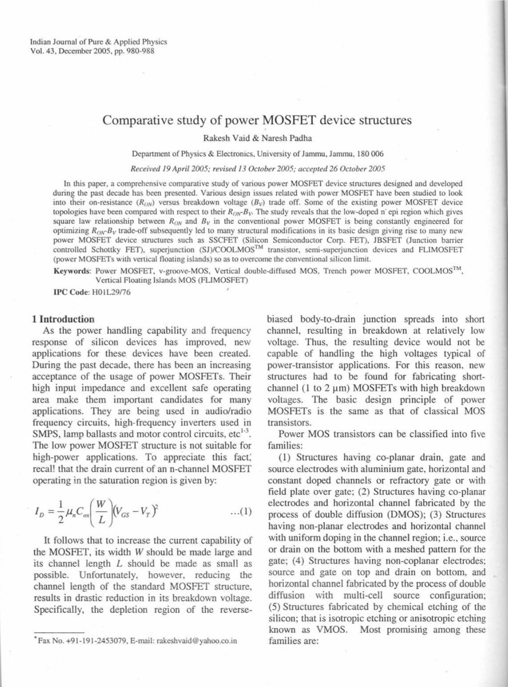 Comparative Study of Power MOSFET Device Structures Rakesh Vaid & Naresh Padha