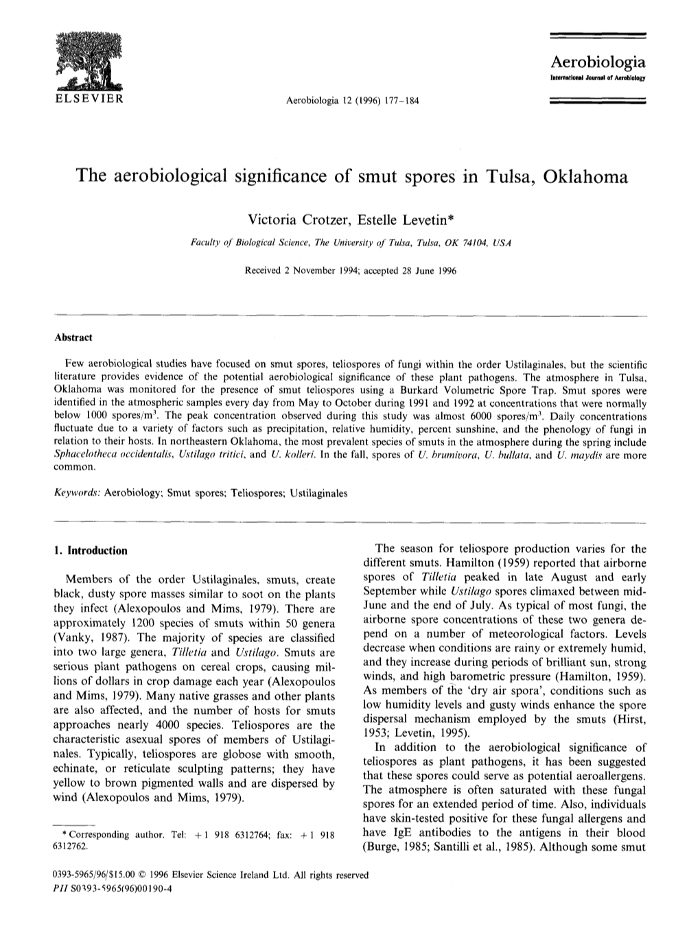 The Aerobiological Significance of Smut Spores in Tulsa, Oklahoma