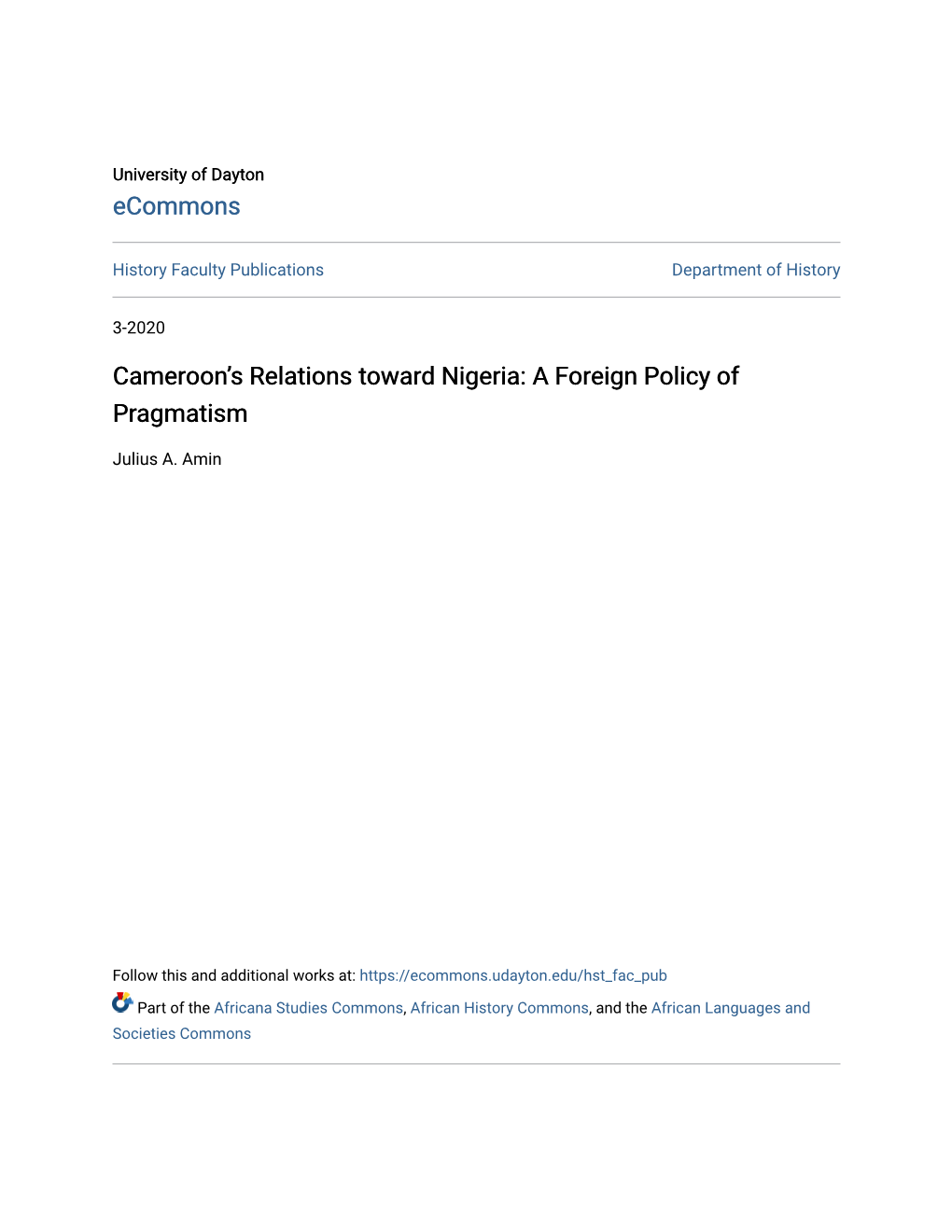 Cameroon's Relations Toward Nigeria: a Foreign Policy of Pragmatism