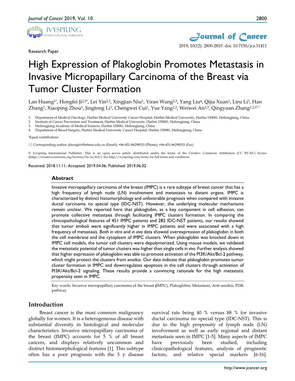 High Expression of Plakoglobin Promotes Metastasis in Invasive