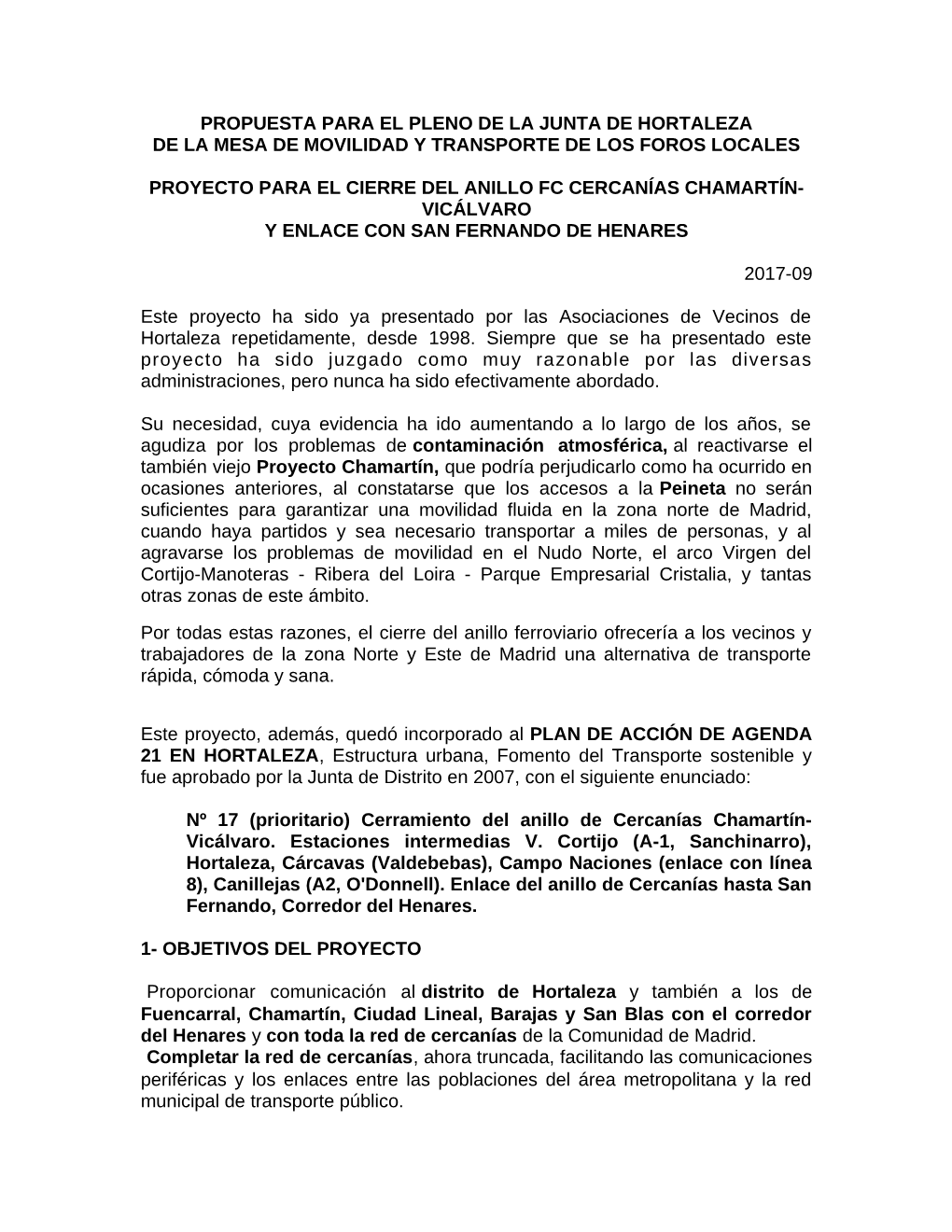 Propuesta Para El Pleno De La Junta De Hortaleza De La Mesa De Movilidad Y Transporte De Los Foros Locales