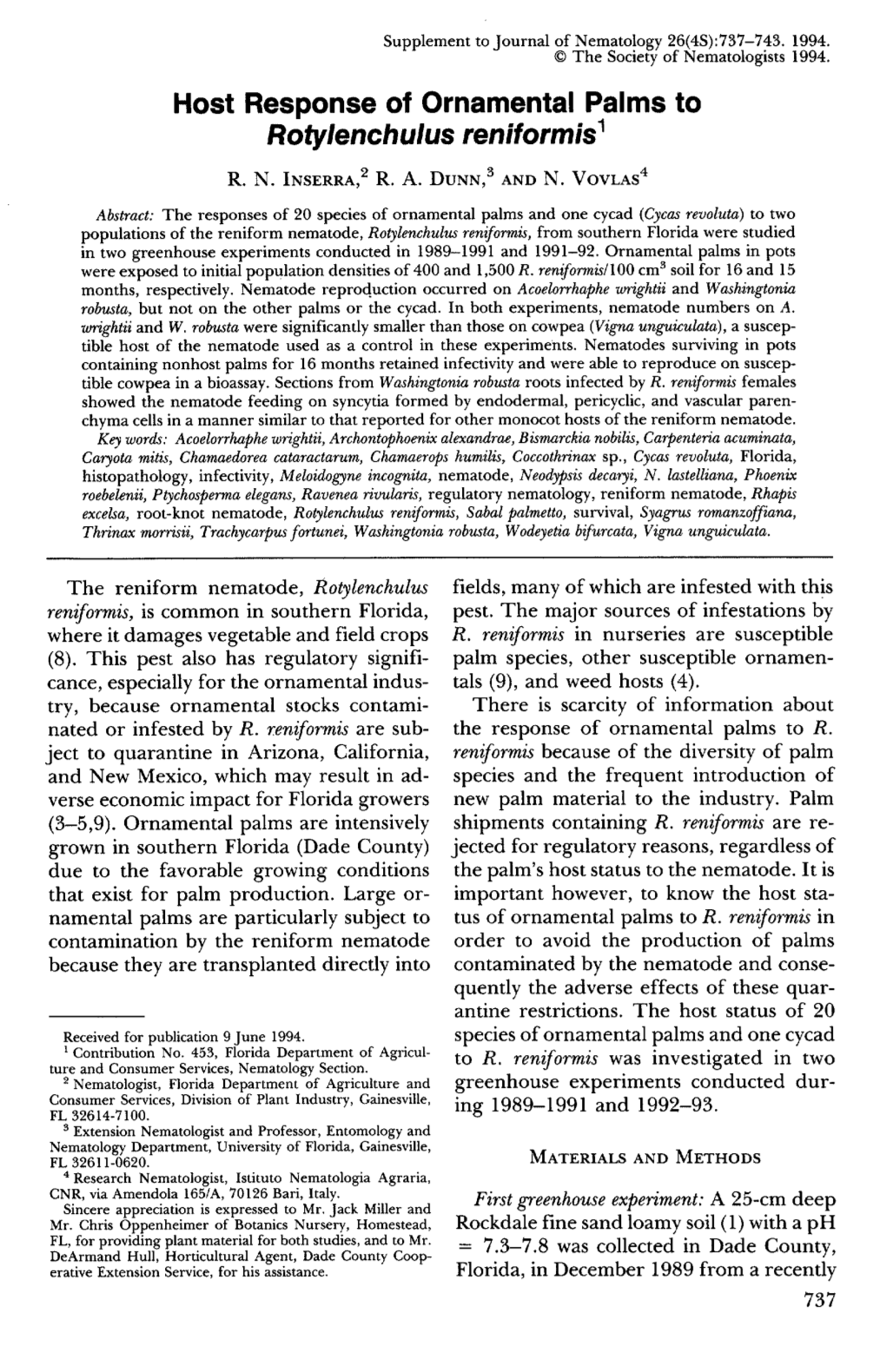 Host Response of Ornamental Palms to Rotylenchulus Reniformis 1