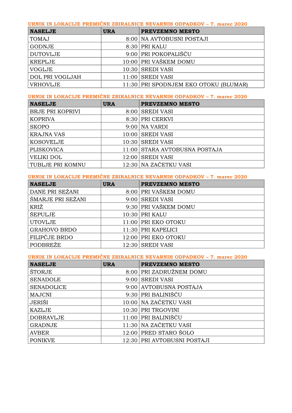 Naselje Ura Prevzemno Mesto Tomaj 8:00 Na Avtobusni