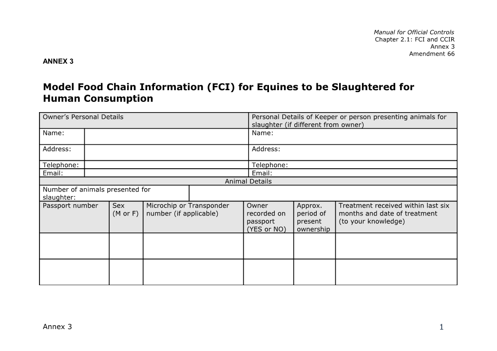 Model Food Chain Information (FCI) for Equines to Be Slaughtered for Human Consumption