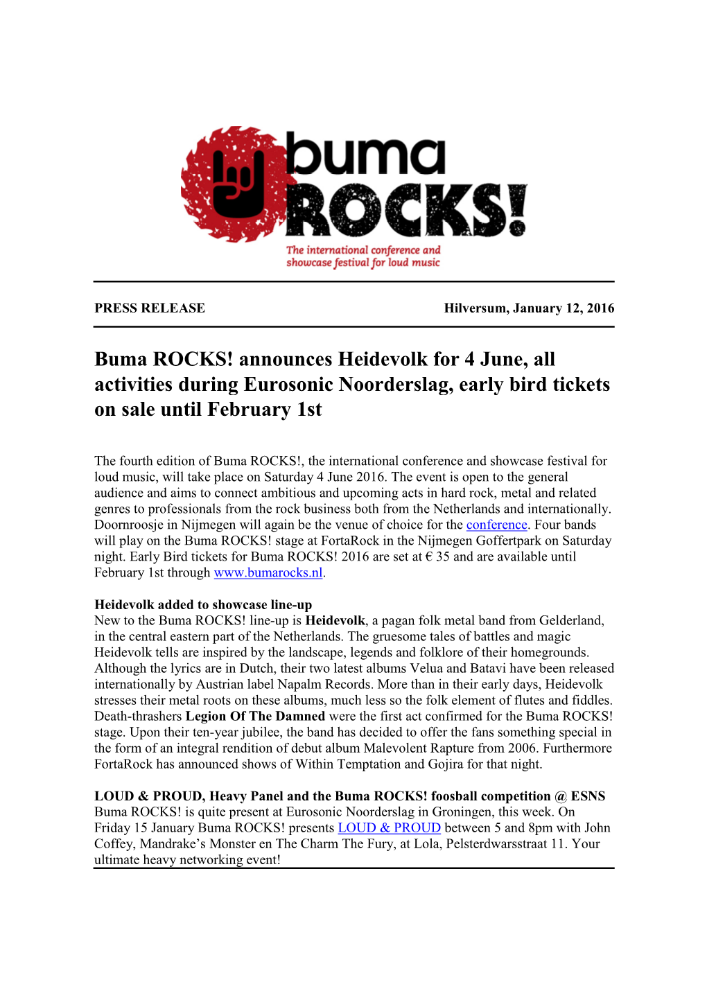 Buma ROCKS! Announces Heidevolk for 4 June, All Activities During Eurosonic Noorderslag, Early Bird Tickets on Sale Until February 1St