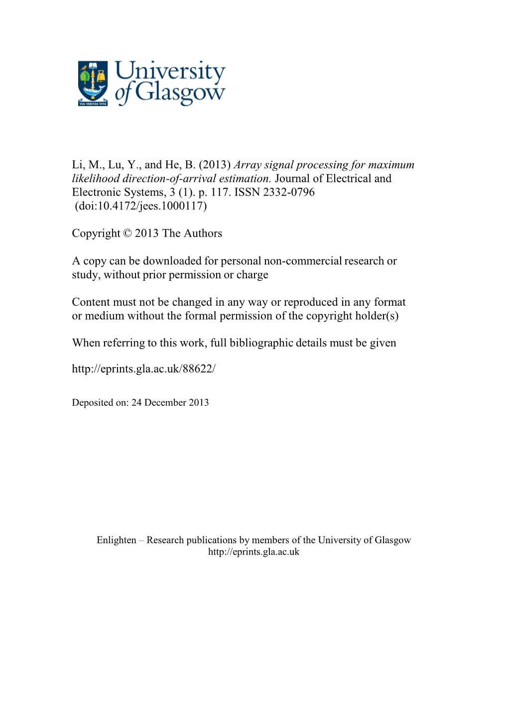 Array Signal Processing for Maximum Likelihood Direction-Of-Arrival Estimation