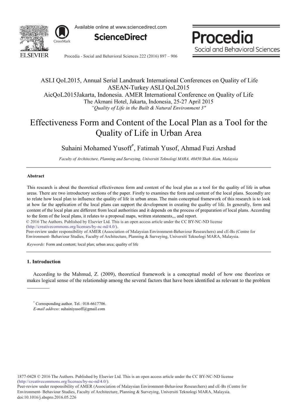 Effectiveness Form and Content of the Local Plan As a Tool for the Quality of Life in Urban Area