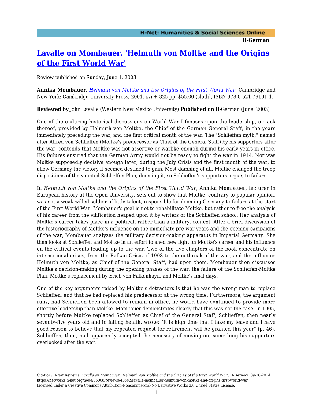 Helmuth Von Moltke and the Origins of the First World War'