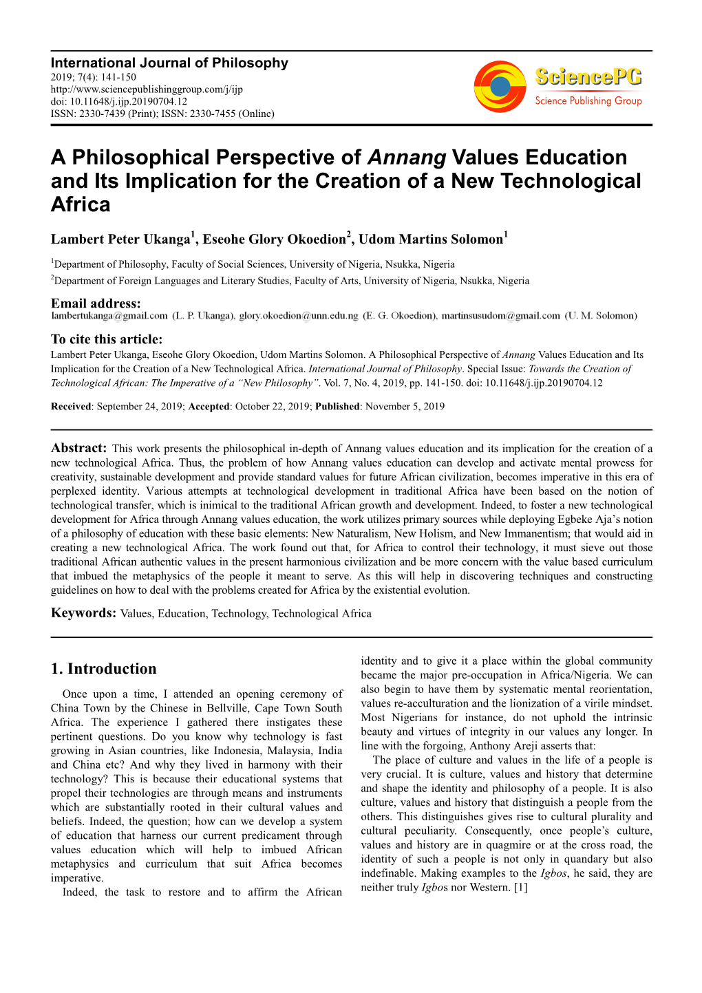 A Philosophical Perspective of Annang Values Education and Its Implication for the Creation of a New Technological Africa