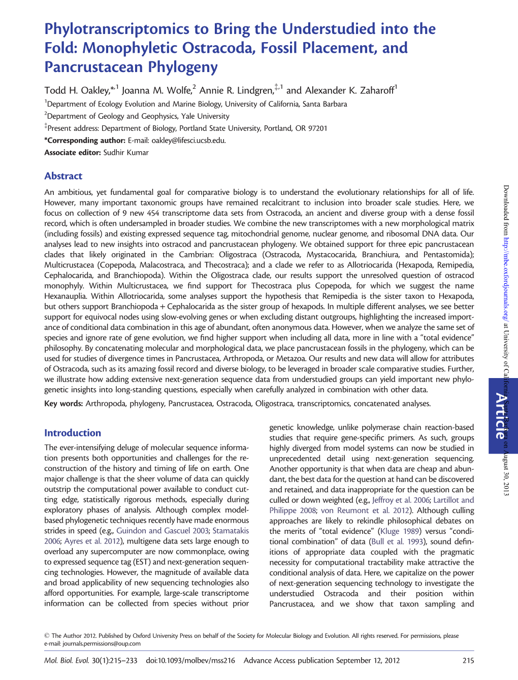 Monophyletic Ostracoda, Fossil Placement, and Pancrustacean Phylogeny Todd H