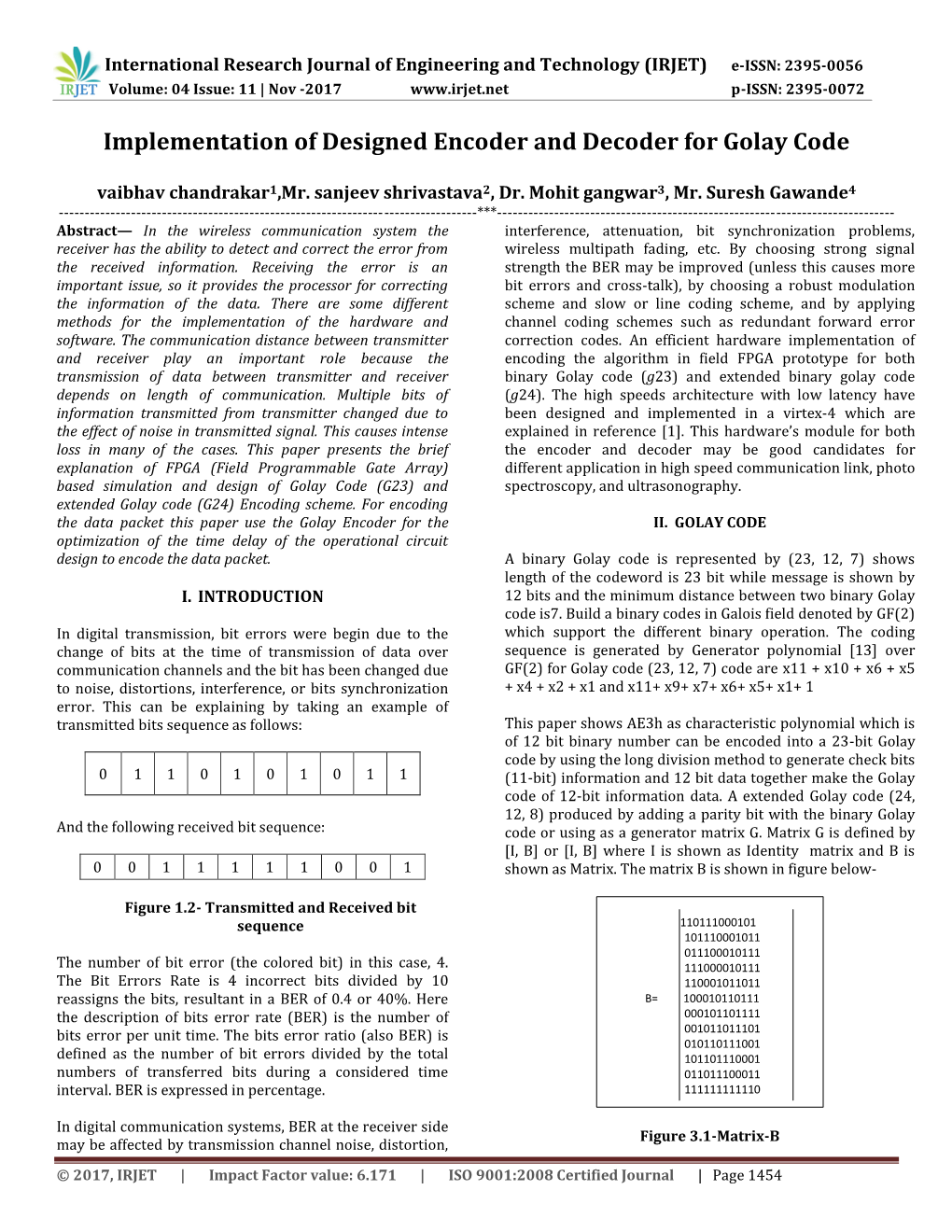 Implementation of Designed Encoder and Decoder for Golay Code