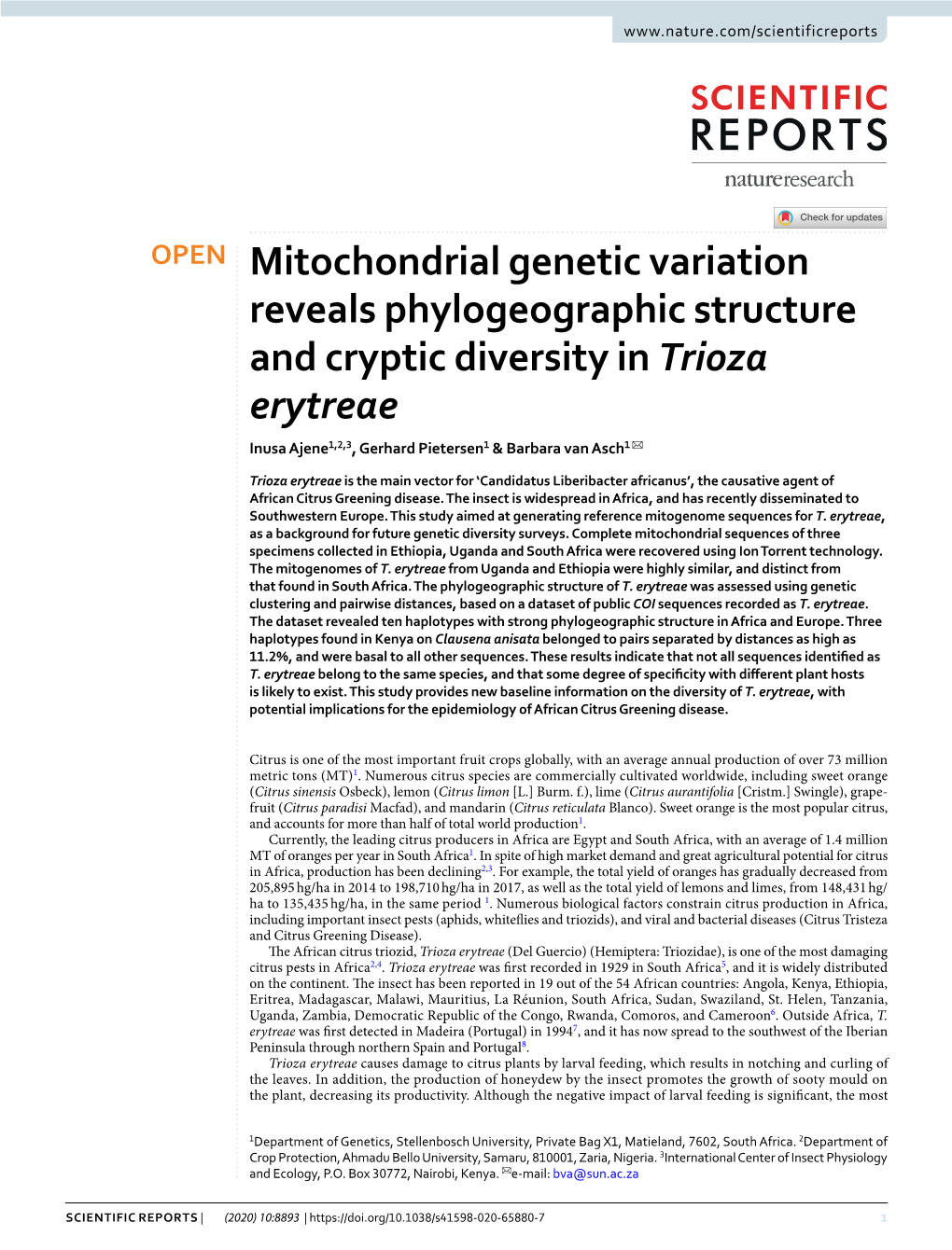 Mitochondrial Genetic Variation Reveals Phylogeographic Structure and Cryptic Diversity in Trioza Erytreae Inusa Ajene1,2,3, Gerhard Pietersen1 & Barbara Van Asch1 ✉