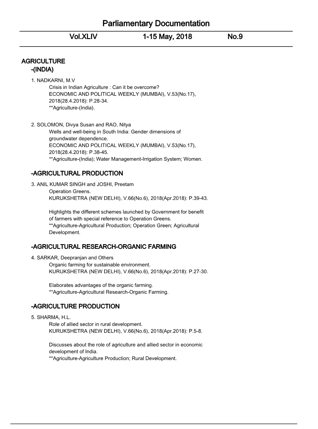 Parliamentary Documentation Vol.XLIV 1-15 May, 2018 No.9