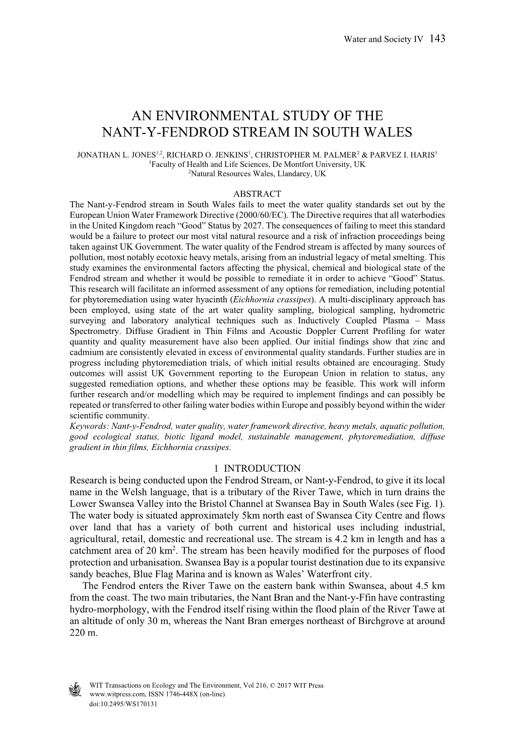 An Environmental Study of the Nant-Y-Fendrod Stream in South Wales