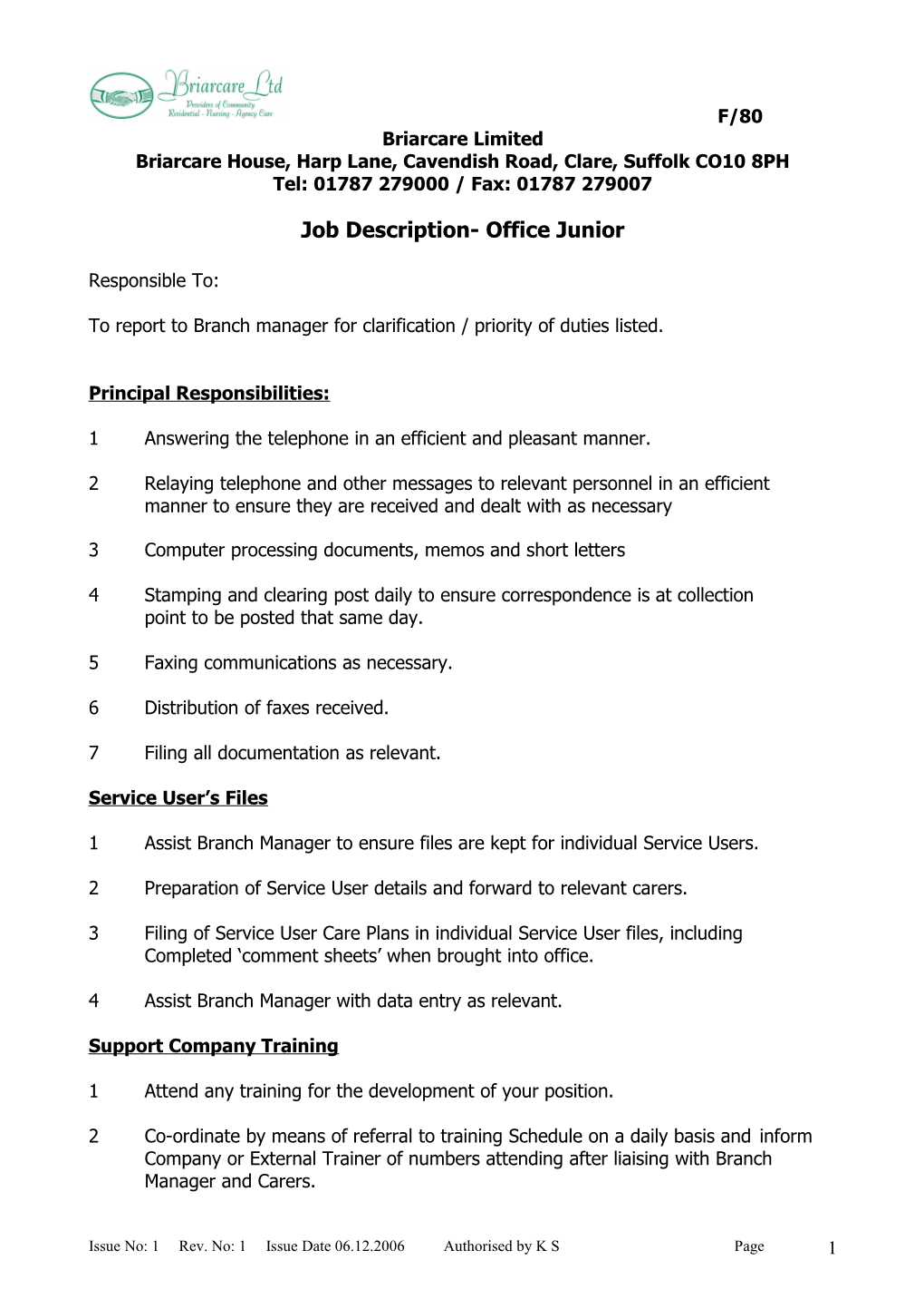 Job Description- Office Junior