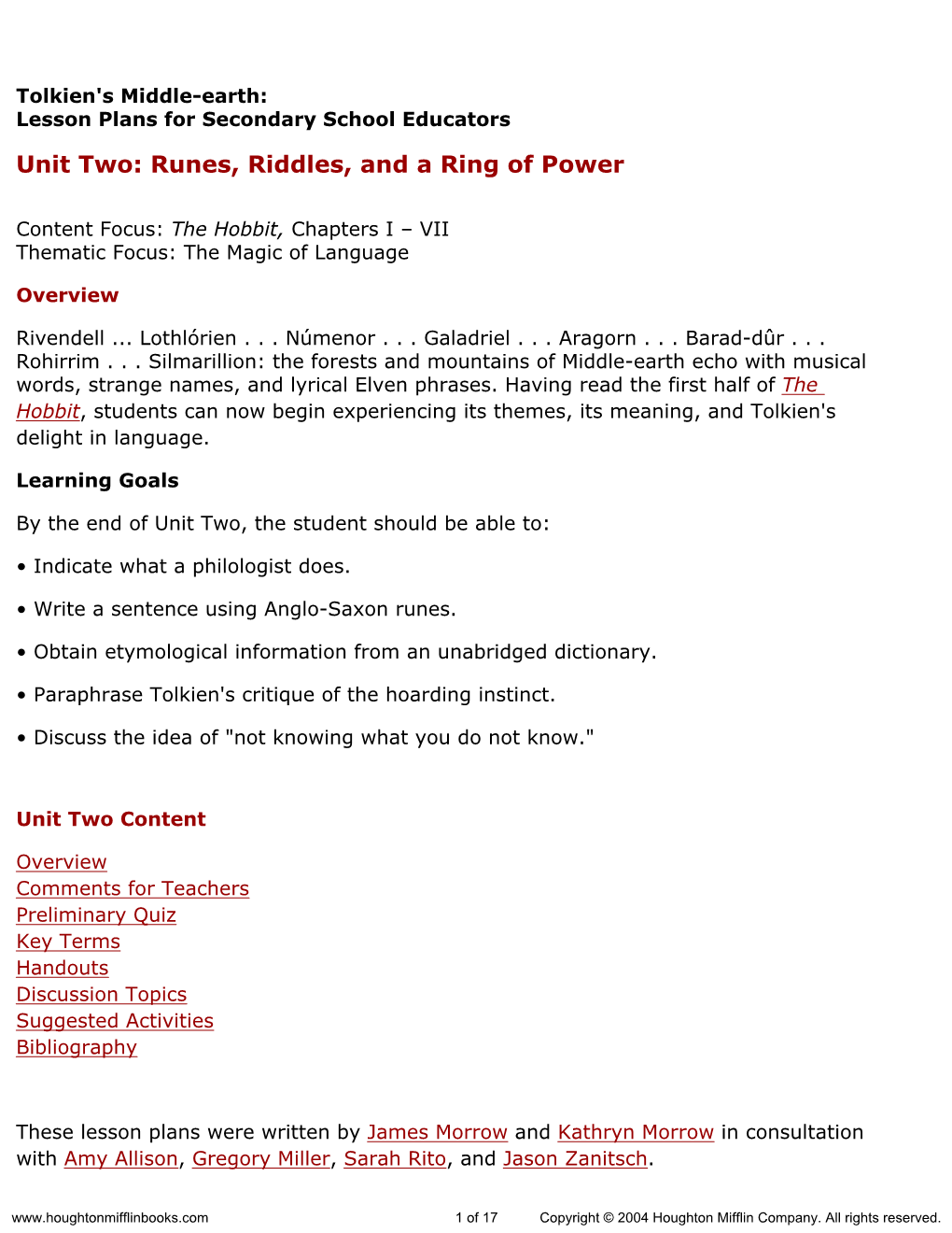 Lesson Plans, Unit Two: Runes, Riddles, and a Ring of Power