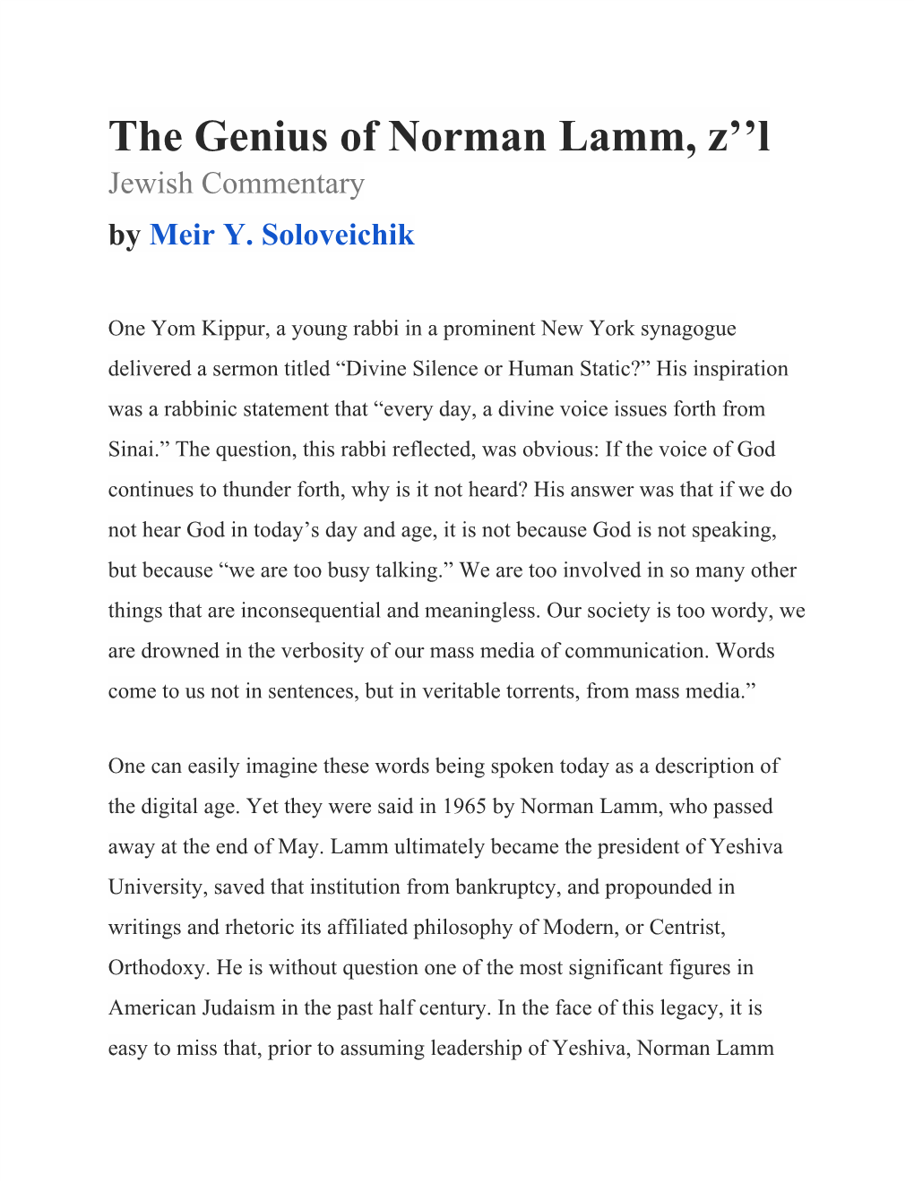 The Genius of Norman Lamm, Z’’L Jewish Commentary by Meir Y