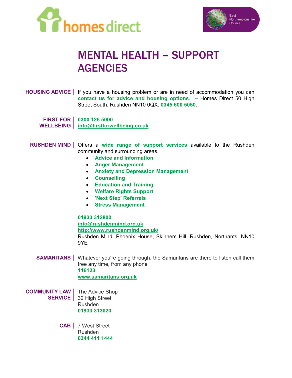 Mental Health – Support Agencies