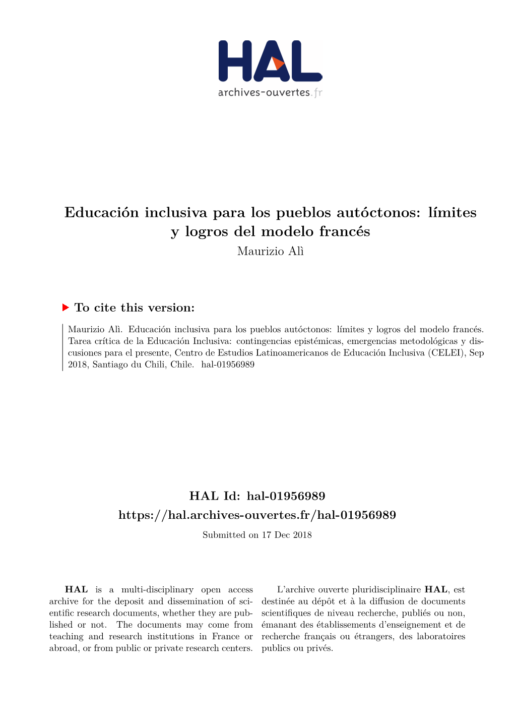 Educación Inclusiva Para Los Pueblos Autóctonos: Límites Y Logros Del Modelo Francés Maurizio Alì