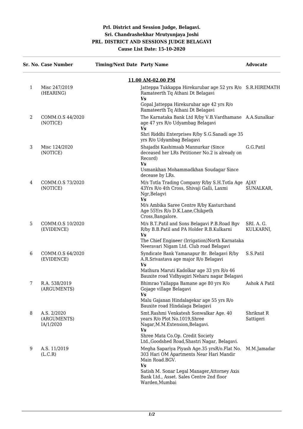 Prl. District and Session Judge, Belagavi. Sri. Chandrashekhar Mrutyunjaya Joshi PRL. DISTRICT and SESSIONS JUDGE BELAGAVI Cause List Date: 15-10-2020