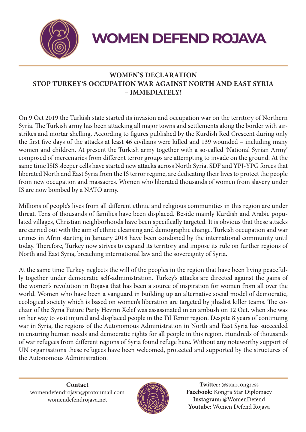 Women's Declaration Stop Turkey's Occupation War Against North And