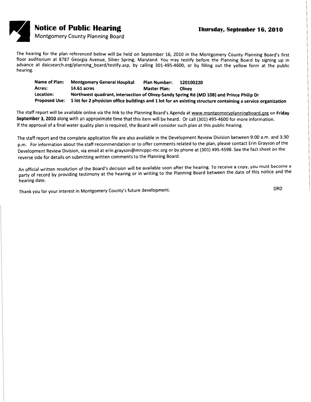 Notice of Public Hearing Thursday, September 16, 2010 Montgomery County Planning Board