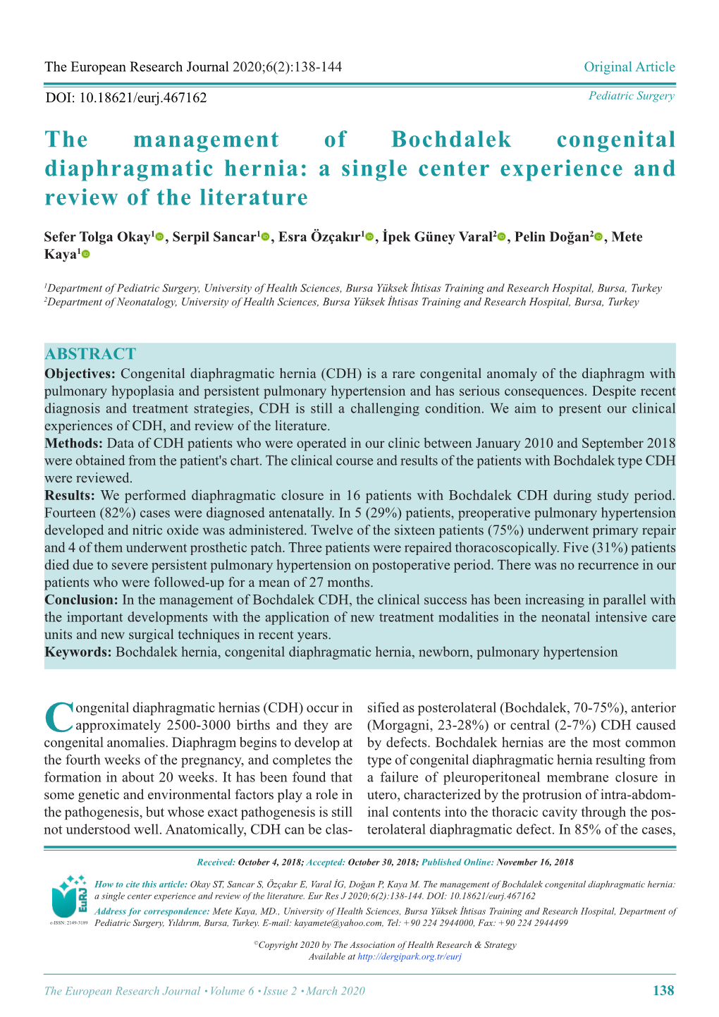The Management of Bochdalek Congenital Diaphragmatic Hernia: a Single Center Experience and Review of the Literature
