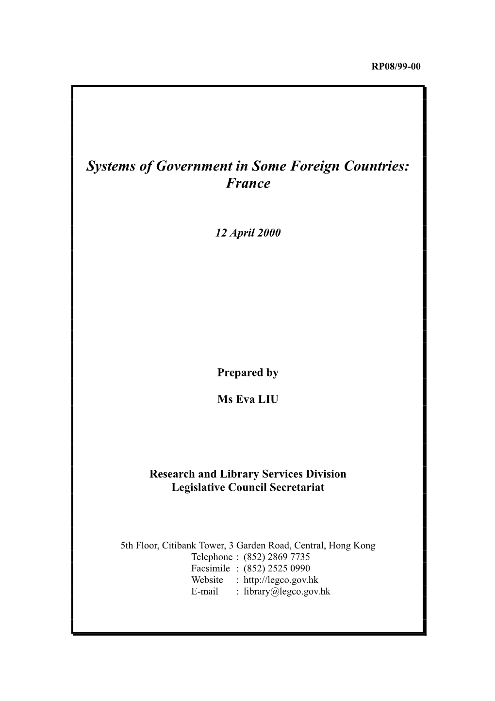 Systems of Government in Some Foreign Countries: France