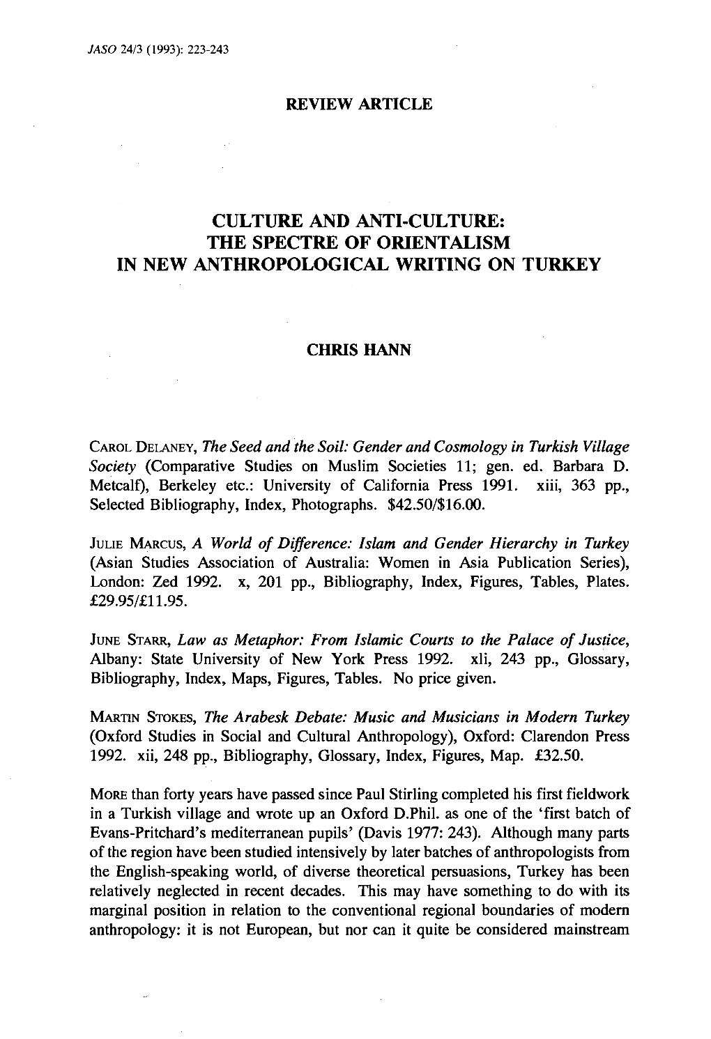 The Spectre of Orientalism in New Anthropological Writing on Turkey