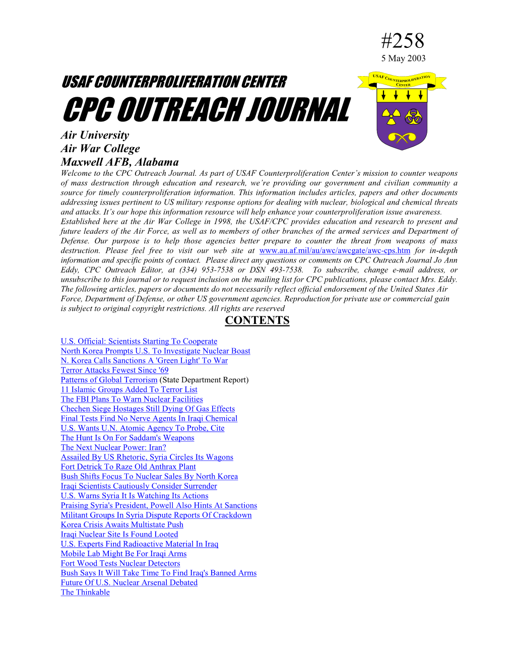 USAF Counterproliferation Center CPC Outreach Journal #258