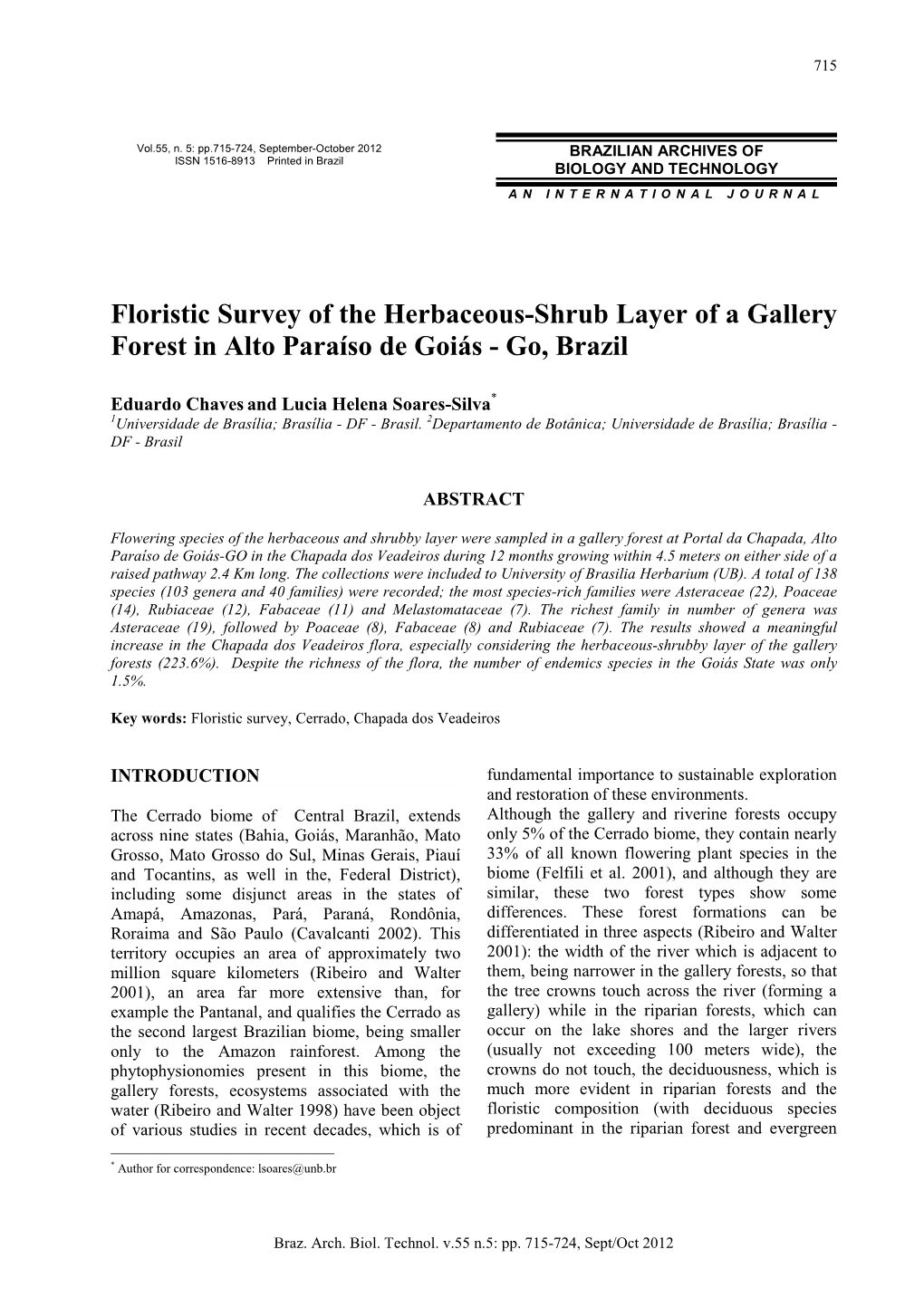 Floristic Survey of the Herbaceous-Shrub Layer of a Gallery Forest in Alto Paraíso De Goiás - Go, Brazil