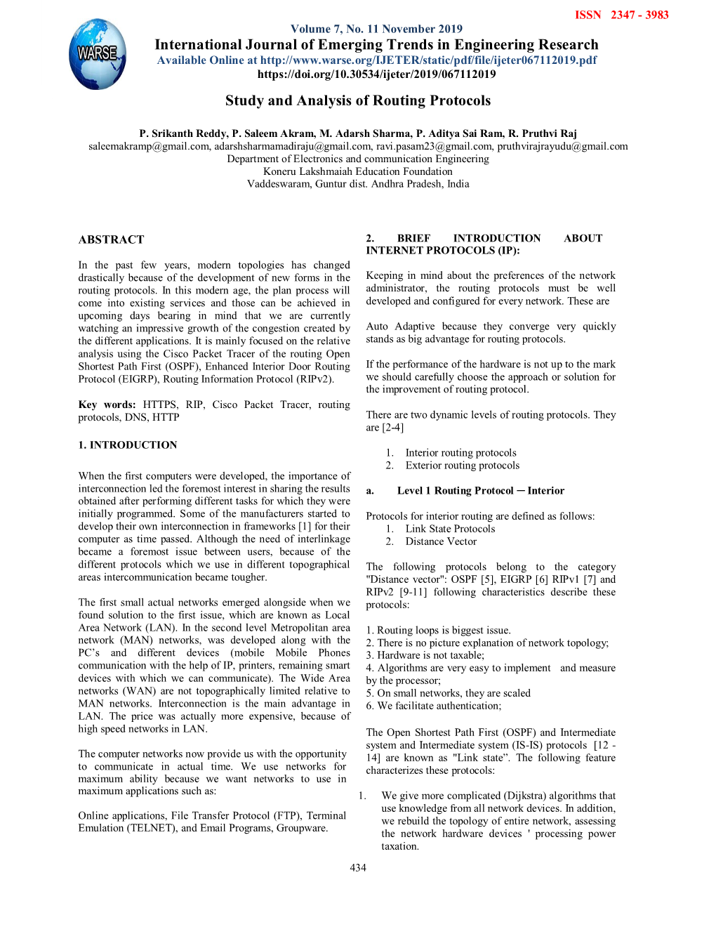 Study and Analysis of Routing Protocols International Journal Of