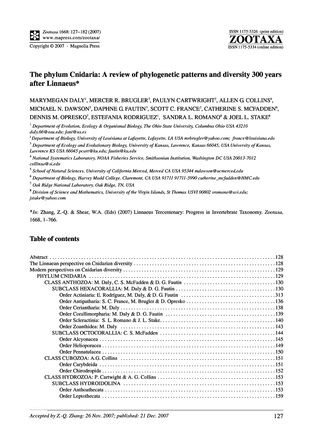 Zootaxa,The Phylum Cnidaria: a Review Of