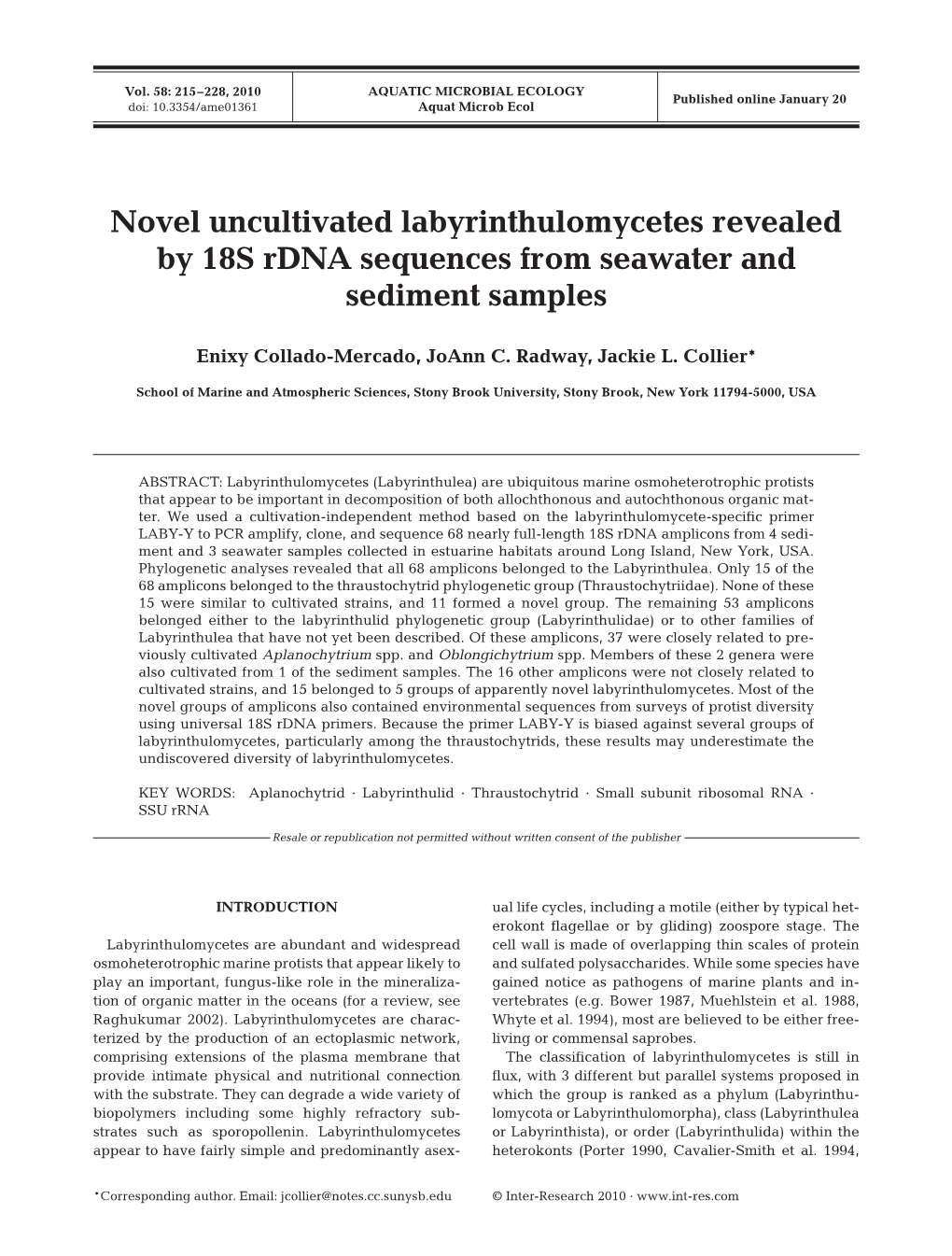 Novel Uncultivated Labyrinthulomycetes Revealed by 18S Rdna Sequences from Seawater and Sediment Samples