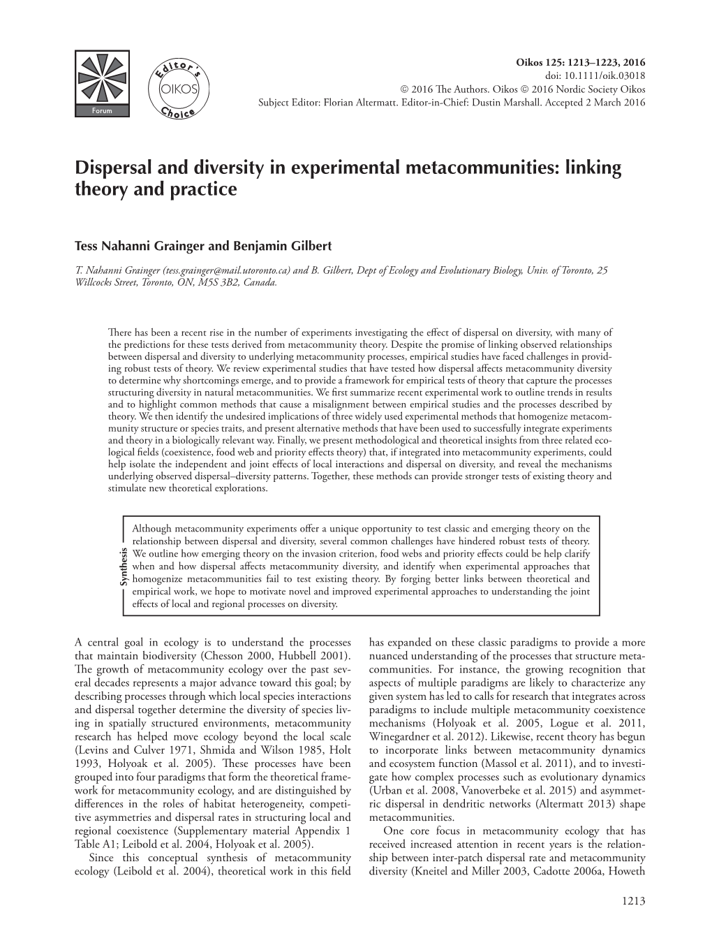 Dispersal and Diversity in Experimental Metacommunities: Linking Theory and Practice