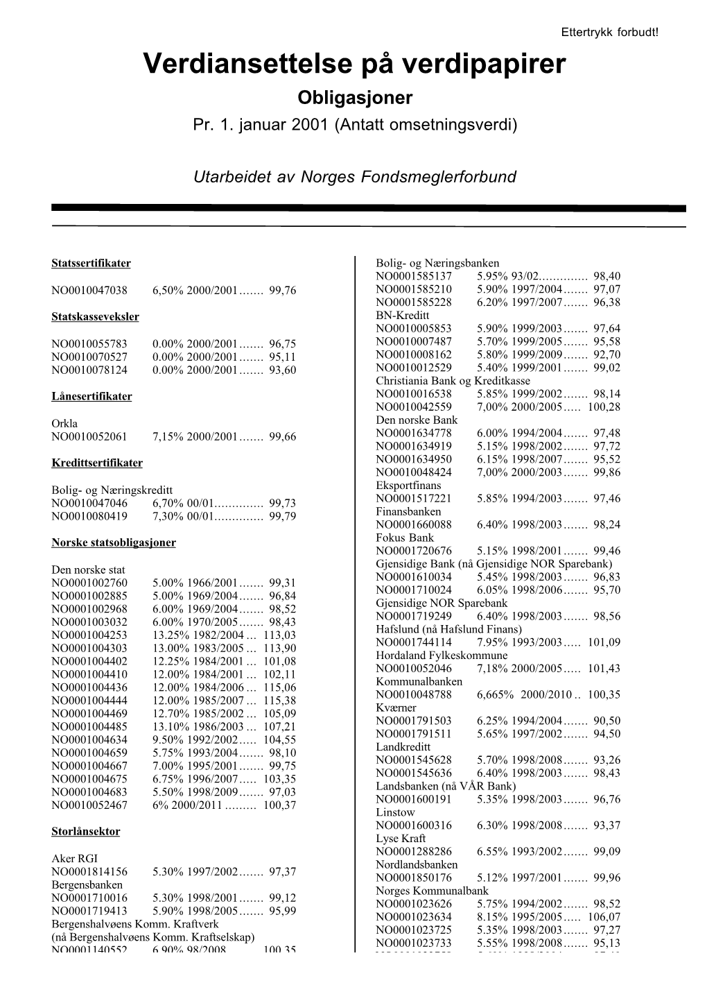 Verdiansettelse På Verdipapirer Obligasjoner Pr