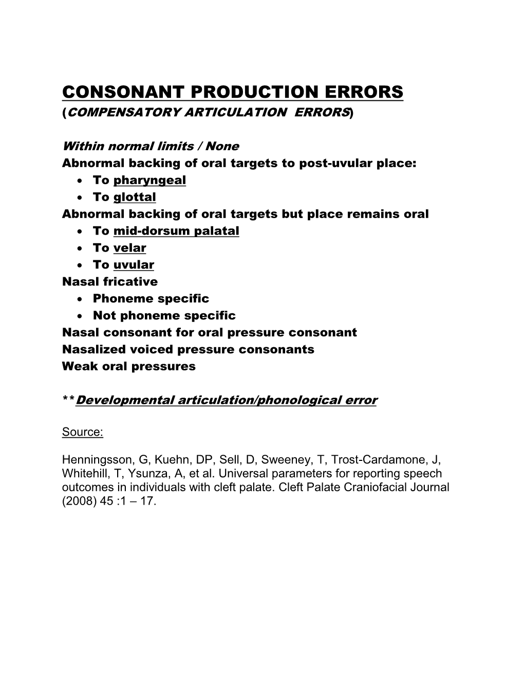 Consonant Production Errors (Compensatory Articulation Errors)