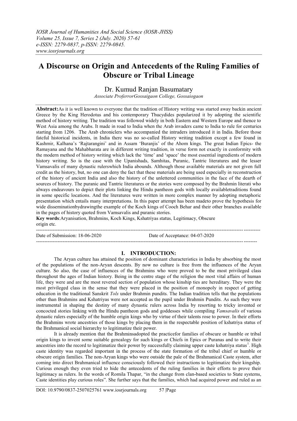 A Discourse on Origin and Antecedents of the Ruling Families of Obscure Or Tribal Lineage