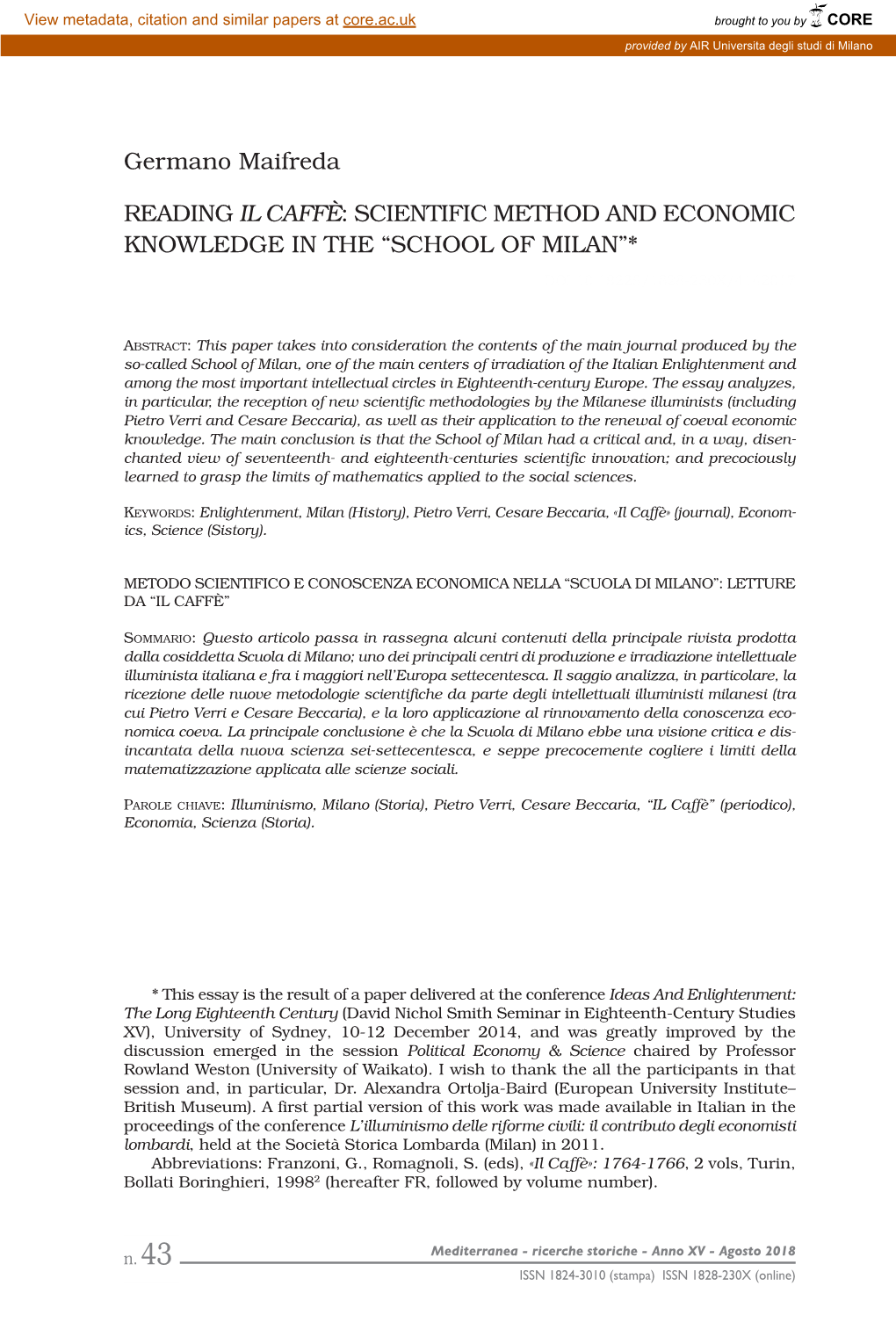 Germano Maifreda READING IL CAFFÈ: SCIENTIFIC METHOD AND