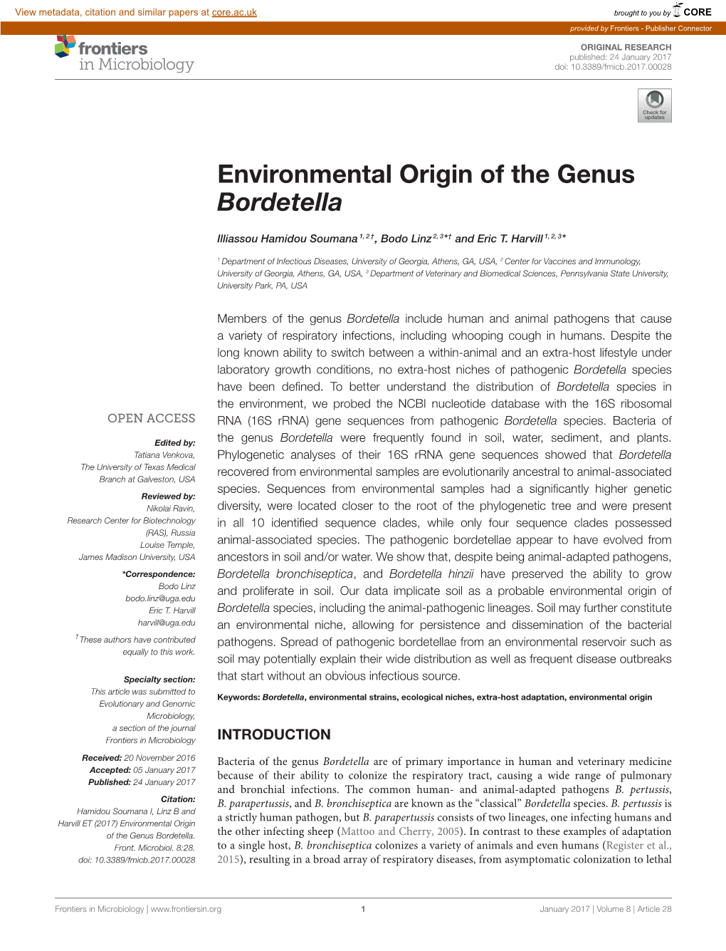 Environmental Origin of the Genus Bordetella