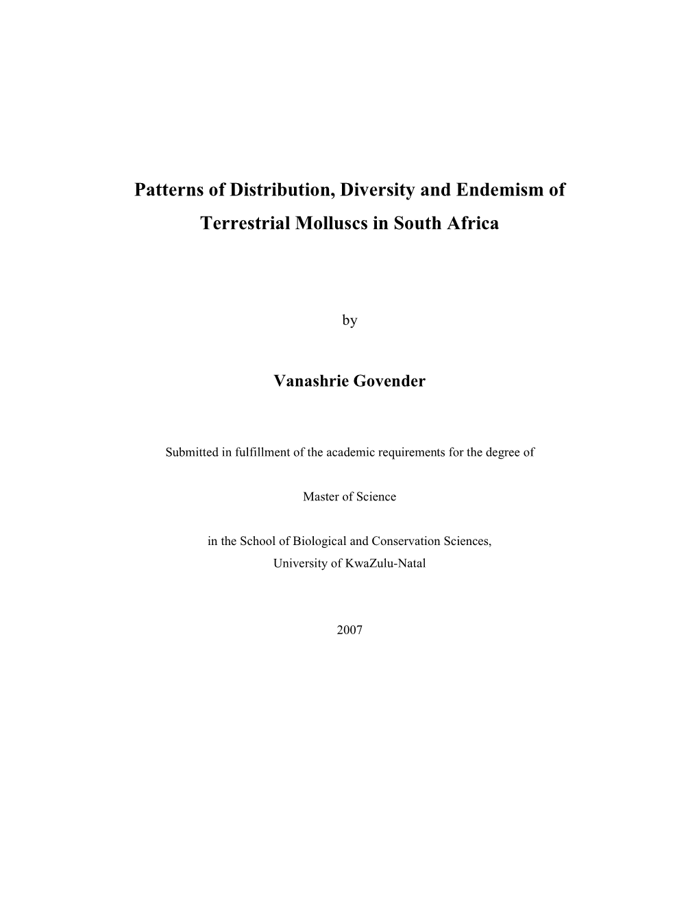 Patterns of Distribution, Diversity and Endemism of Terrestrial Molluscs in South Africa