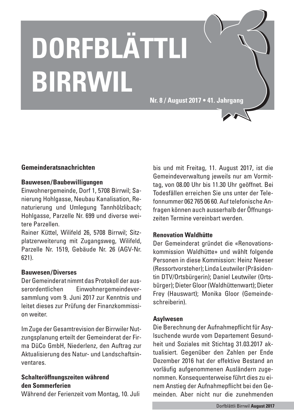 Nr. 8 / August 2017 • 41. Jahrgang Gemeinderatsnachrichten