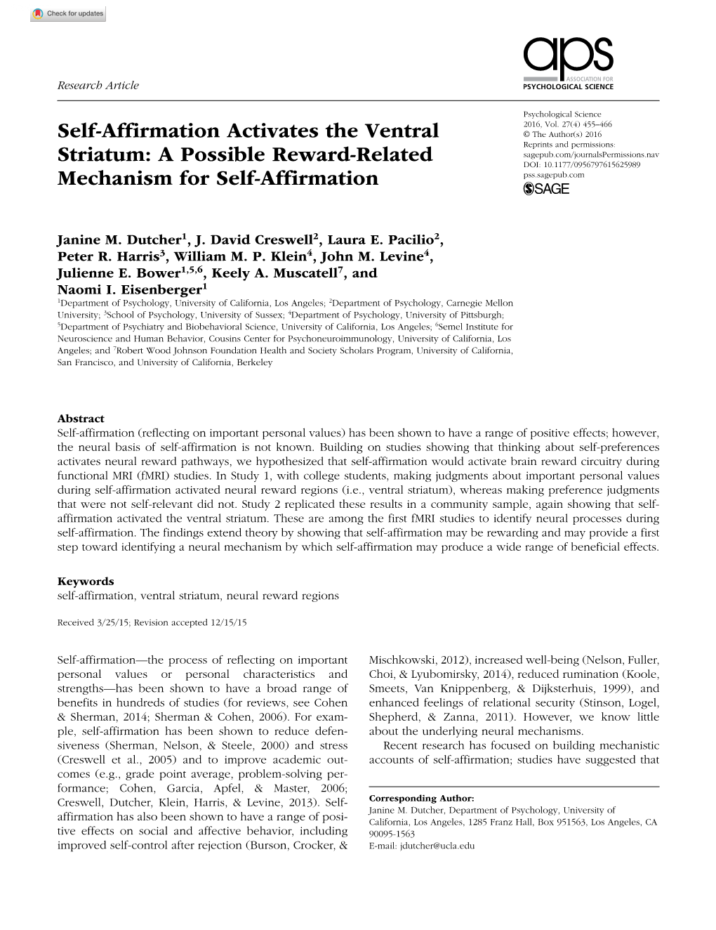 Self-Affirmation Activates the Ventral Striatum