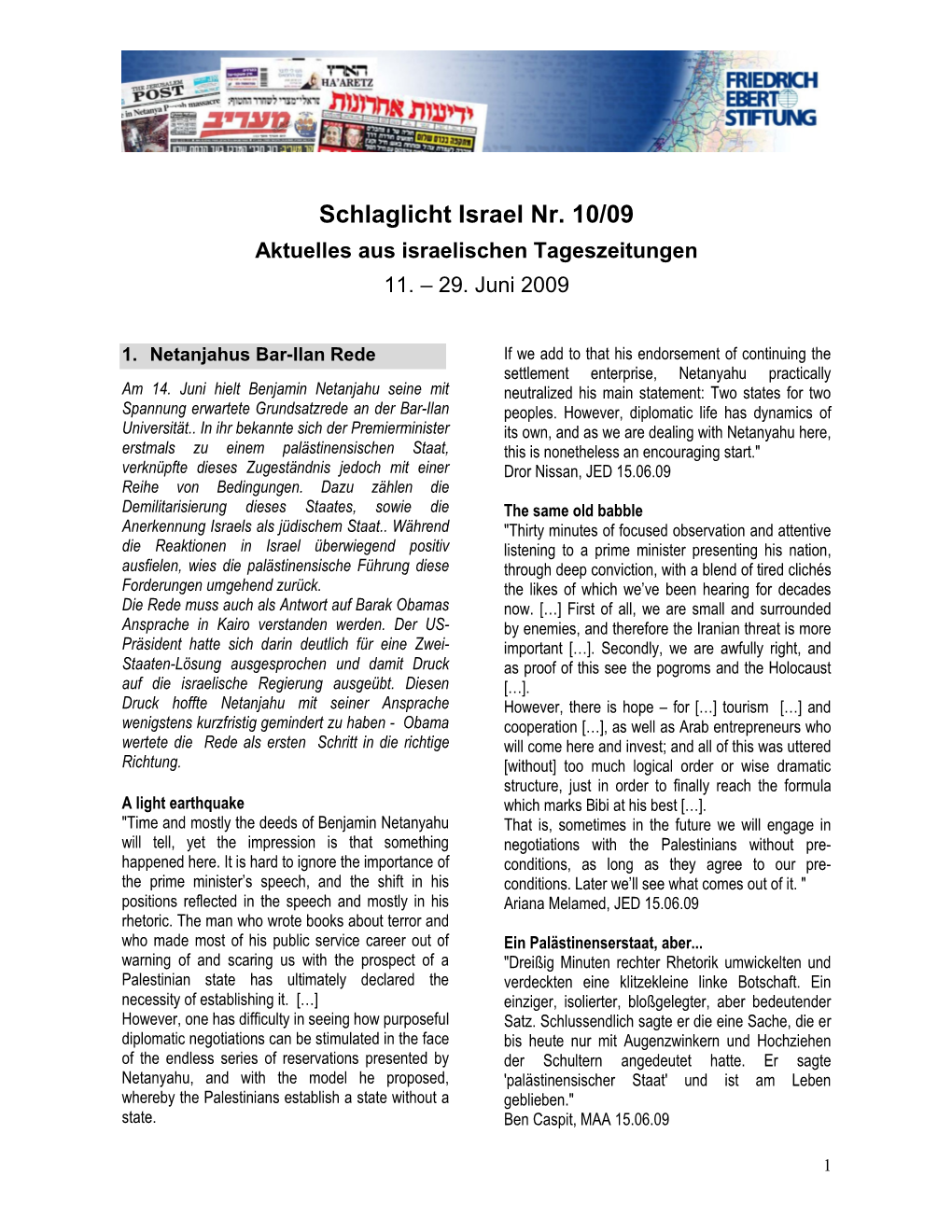 Schlaglicht Israel Nr. 10/09 Aktuelles Aus Israelischen Tageszeitungen 11